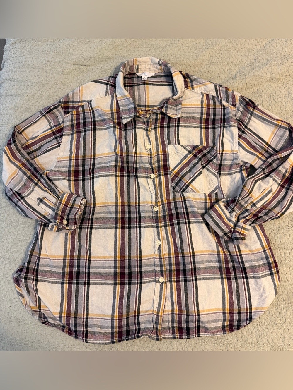 Time and Tru Cream Plaid Button-Down Shirt with Burgundy & Mustard Accents